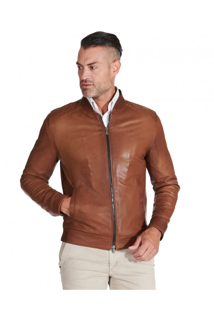 Blouson cuir vintage cognac veste moto poches aimant