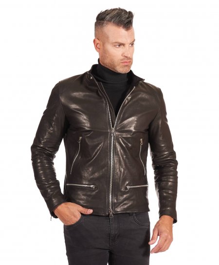 Blouson cuir lavé noir veste moto quatres poches zippées
