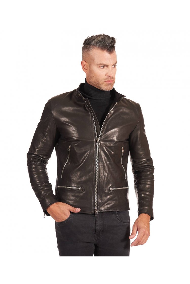 Blouson cuir lavé noir veste moto quatres poches zippées