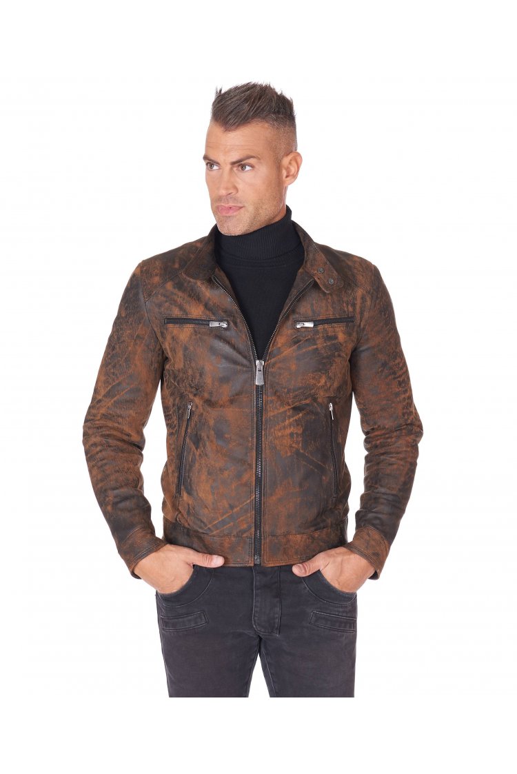 Blouson cuir marron quatre poches veste moto aspect vielli