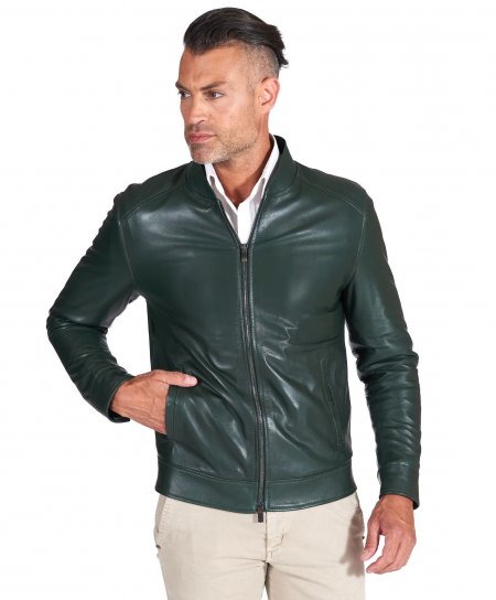 Blouson cuir naturel vert style veste fermeture éclair
