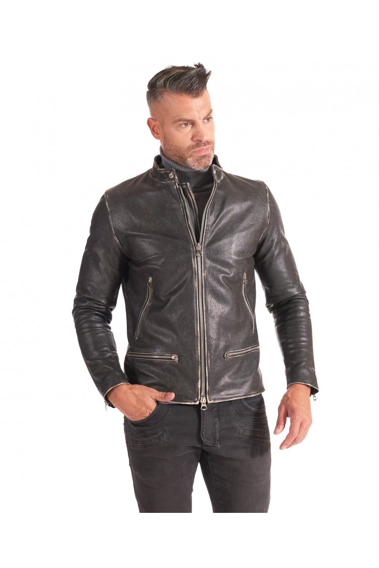 Blouson cuir noir vinatge moto quatres poches zippées