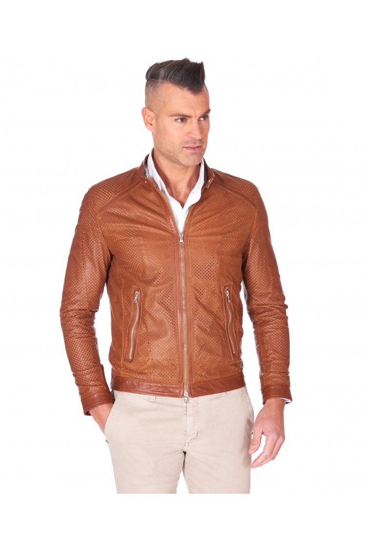 Blouson cuir perforé cognac...