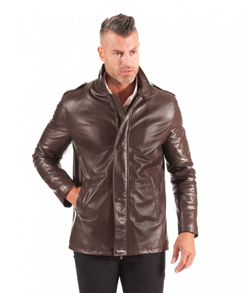 Surveste cuir homme col montant cuir plong marron fonc e Luca D