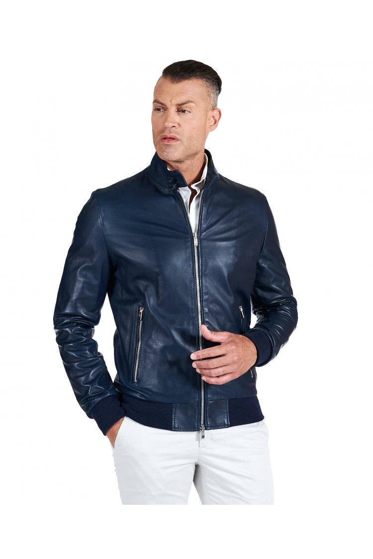 Blouson cuir bleu bomber...