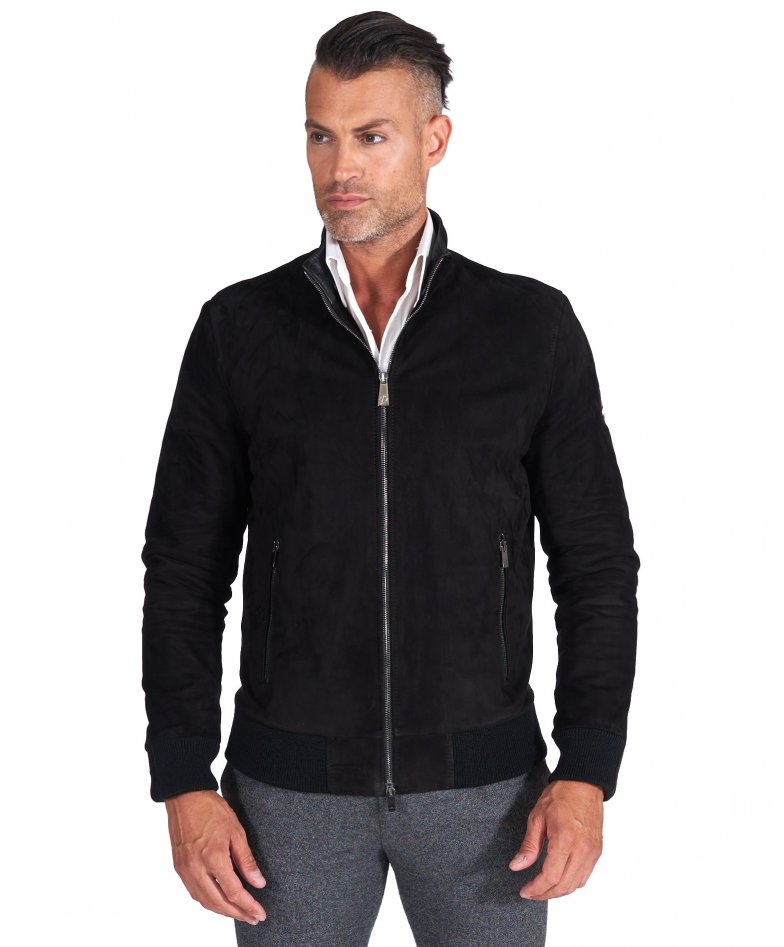 106 - Blouson bomber cuir noir homme bomber daim col mao