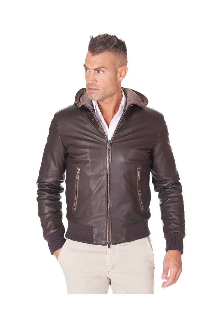 Bomber cuir marron foncé avec capuche cuir naturel