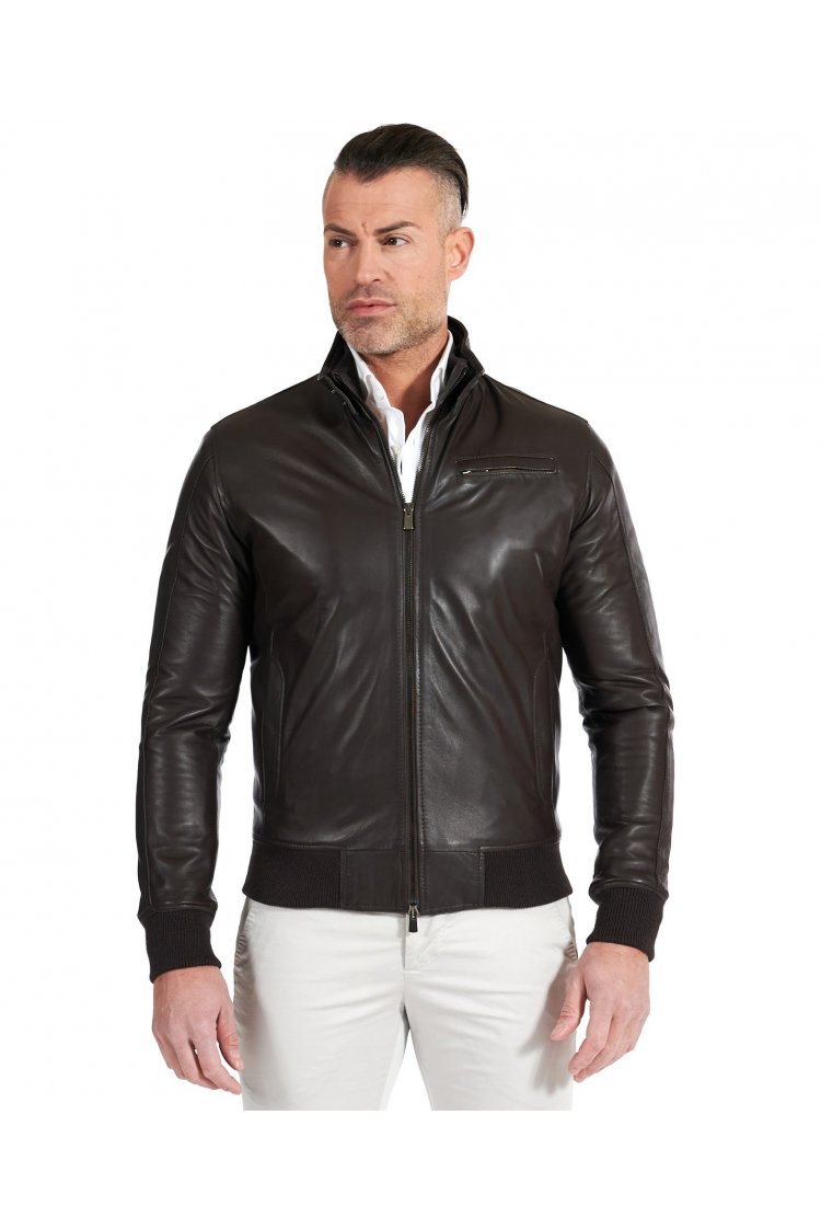 Blouson cuir marron foncé bomber cuir naturel