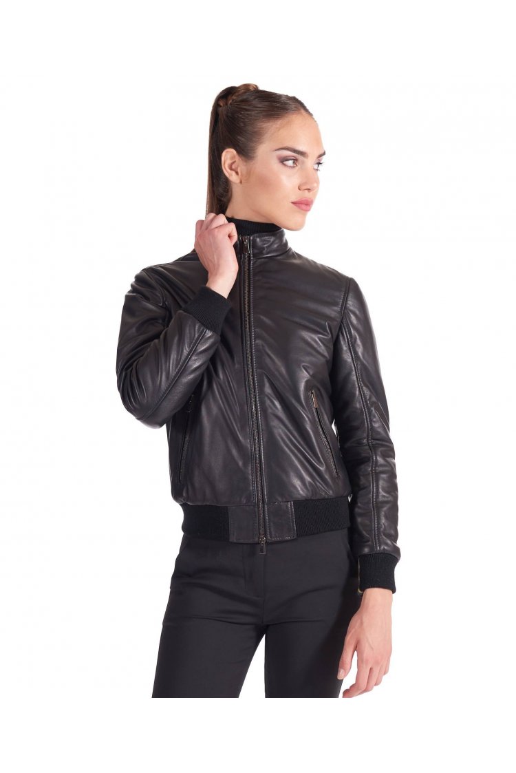 Veste cuir noir bomber cuir pnaturel effet lisse col mao