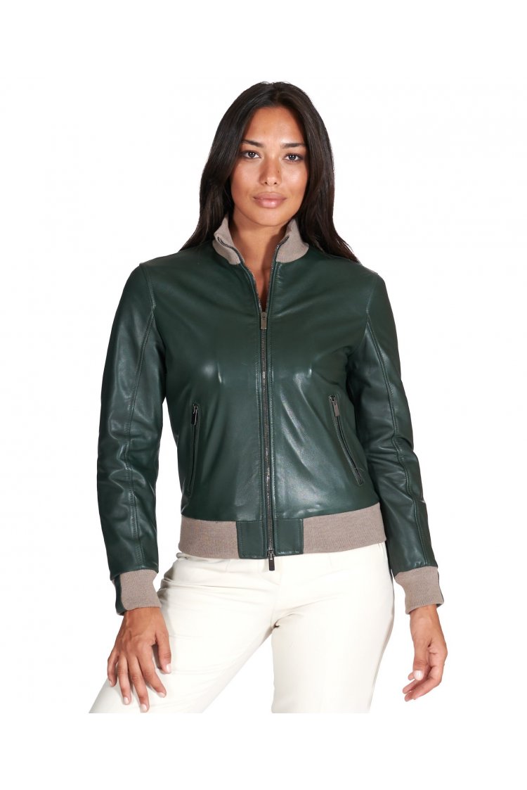 Veste cuir naturel vert bomber col laine mérino