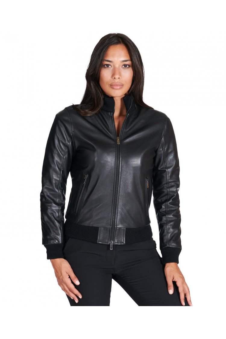 Veste cuir noir bomber poches zippées cuir plongé