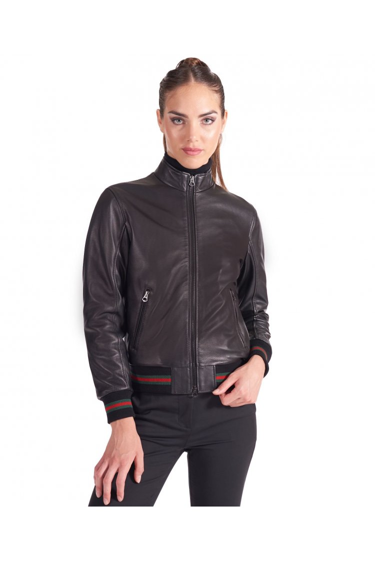 Veste cuir noir bomber cuir plongé effet lisse col mao