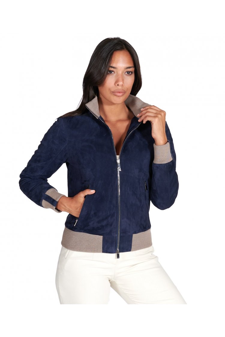 Blouson bomber cuir daim bleu femme col laine mérinos