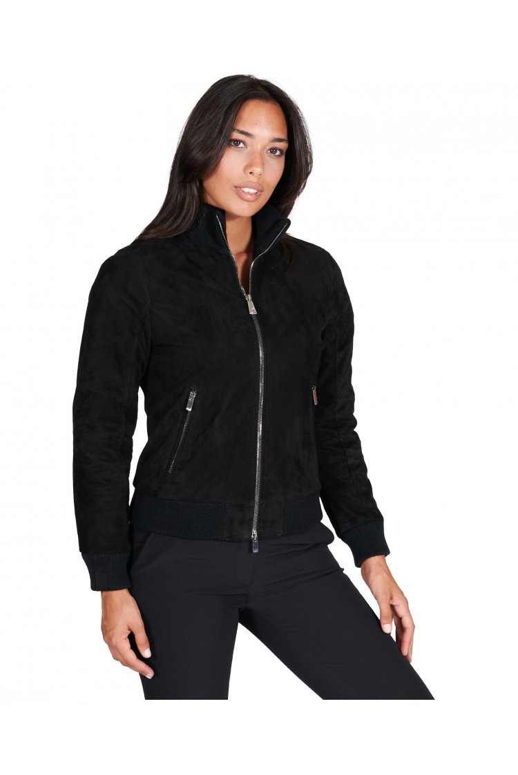 Blouson bomber cuir daim noir femme col laine mérinos