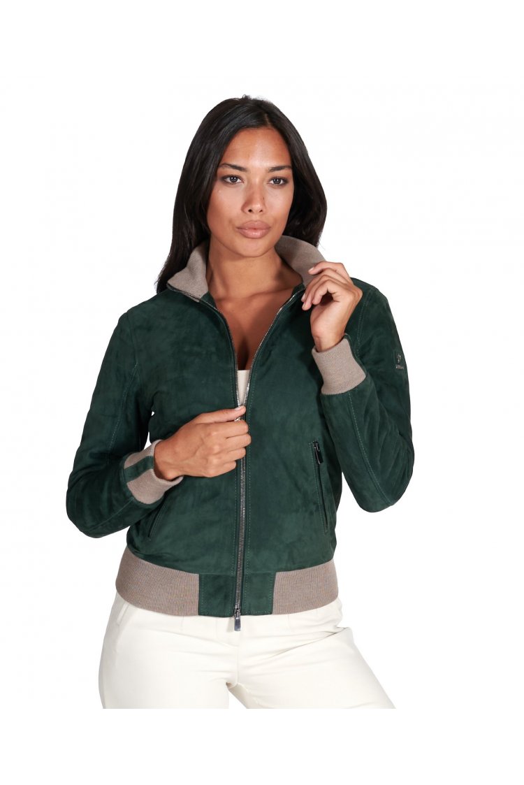 Blouson bomber cuir daim vert femme col laine mérinos