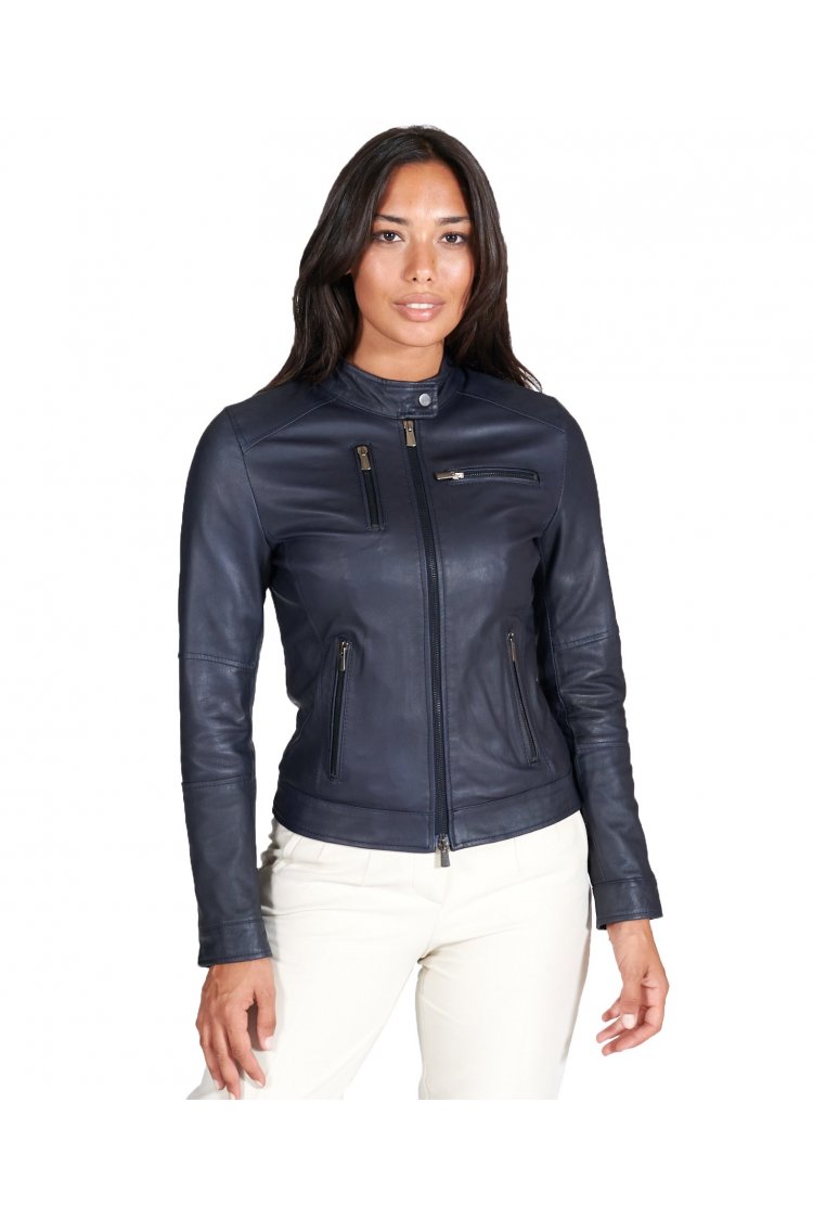 Veste cuir naturel bleu quatre poches veste moto