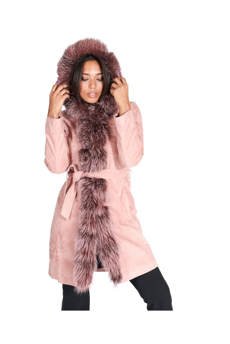 Manteau cuir daim rose avec...