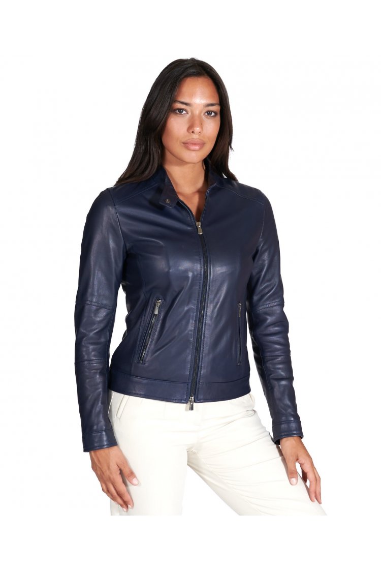 Veste cuir naturel bleu cuir agneau effet lisse