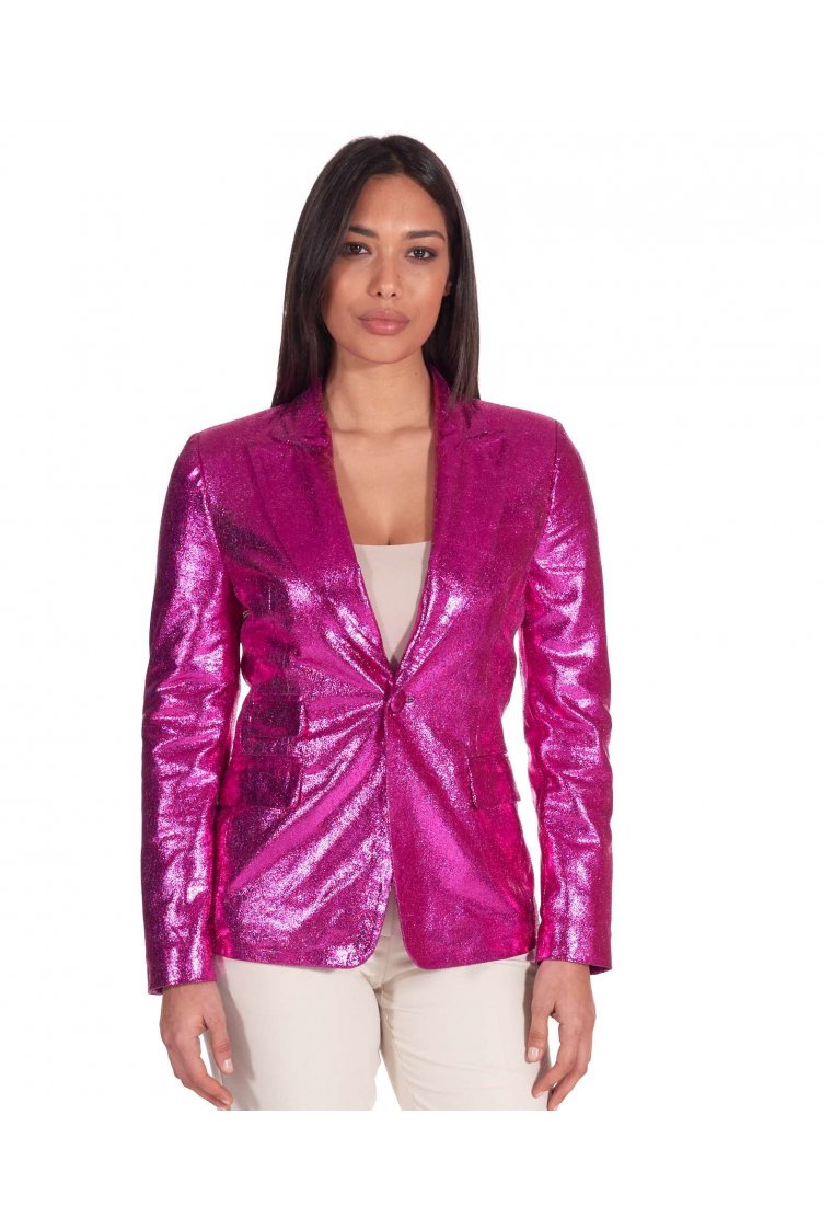 Blazer cuir laminé violet un bouton cuir plongé effet lisse