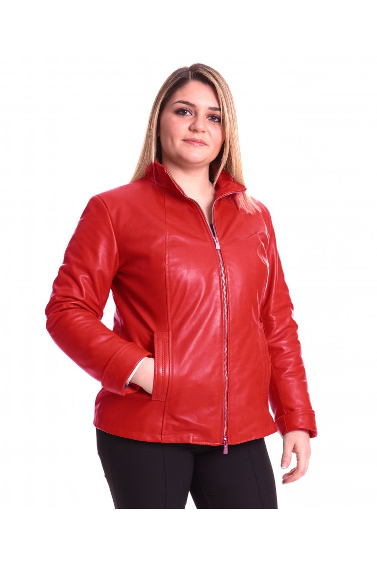 Veste cuir rouge col...