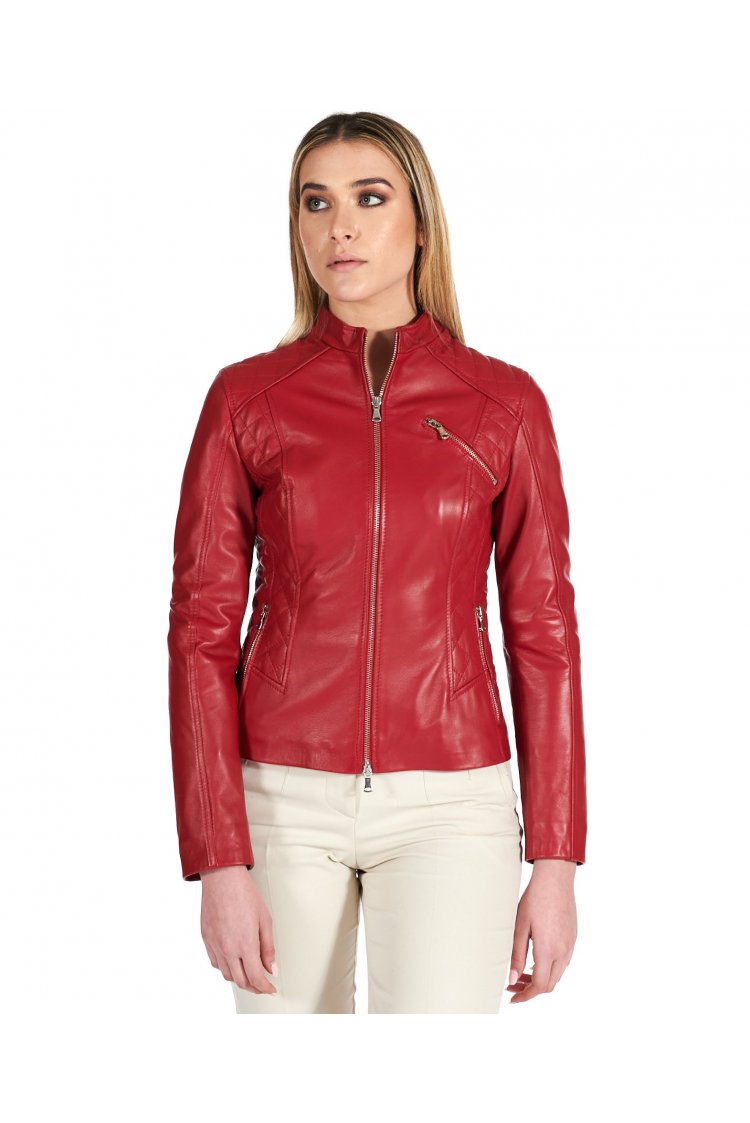 Veste cuir rouge veste moto col mao agneau plongé