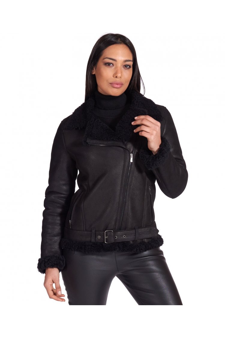 Blouson mouton noir motard ceinture et éclair croisé