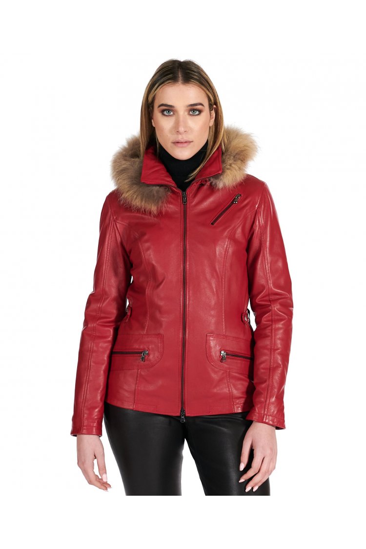 Parka cuir rouge avec...