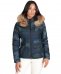 Piumino in pelle mimetica blu con cappuccio pelliccia effetto liscio