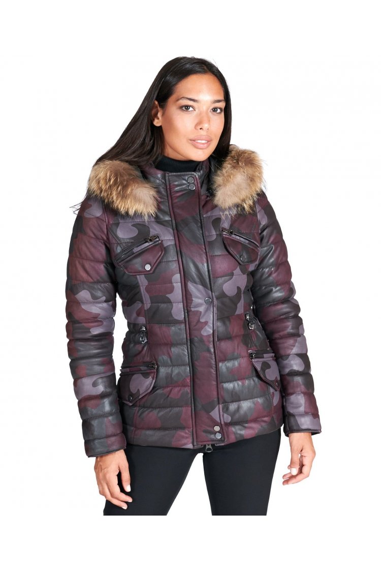 Parka cuir bordeaux militaire capuche fourrure cuir plongé