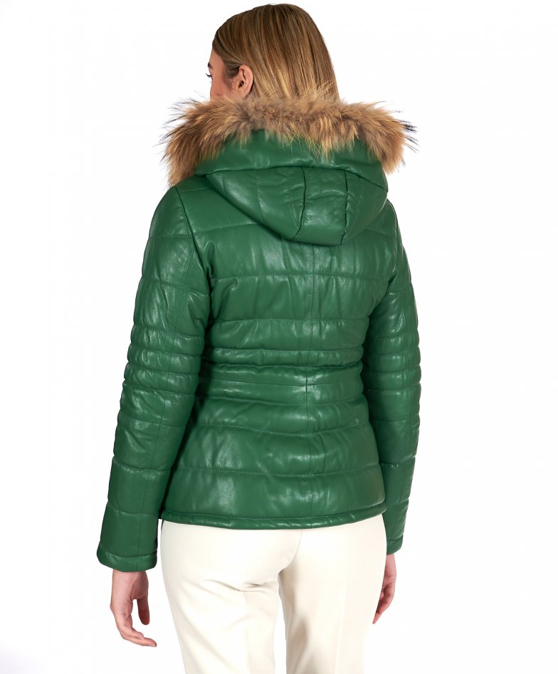 Doudoune femme en cuir avec capuche cuir agneau vert Ladies D Arienzo