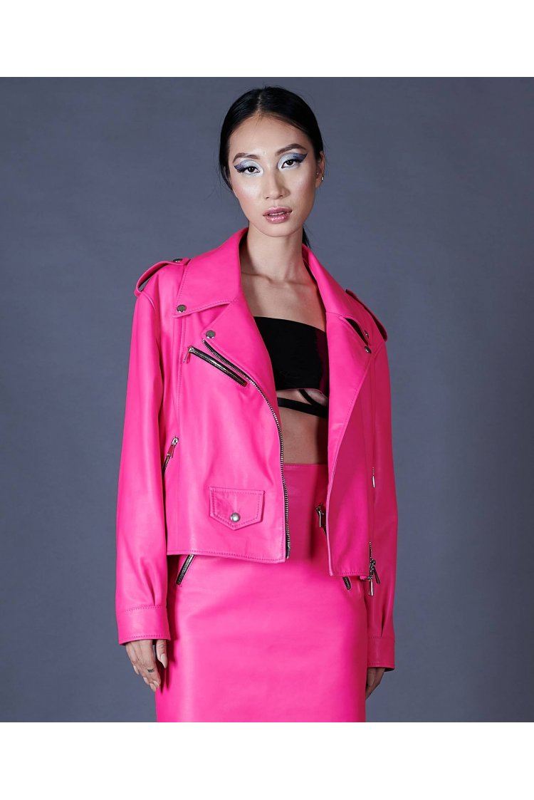 Blouson oversize en cuir fuchsia version courte