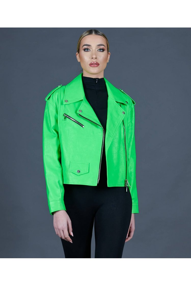 Blouson oversize en cuir vert fluo version courte