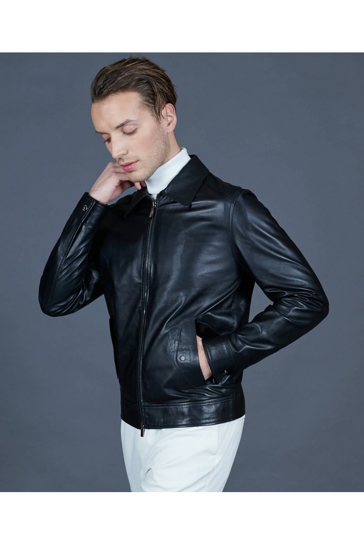 Blouson en cuir noir avec surpiqûres col chemise 