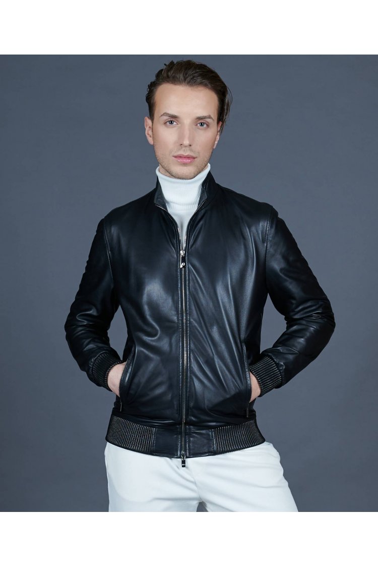  Blouson bomber en cuir noir avec broderie canne 