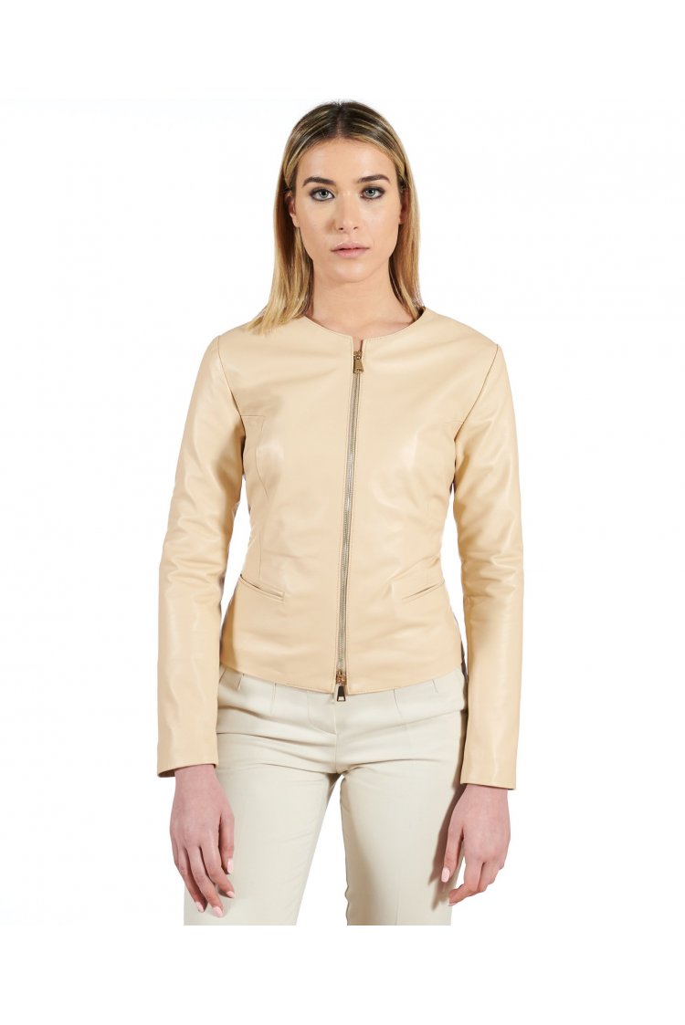 Veste cuir beige col rond...