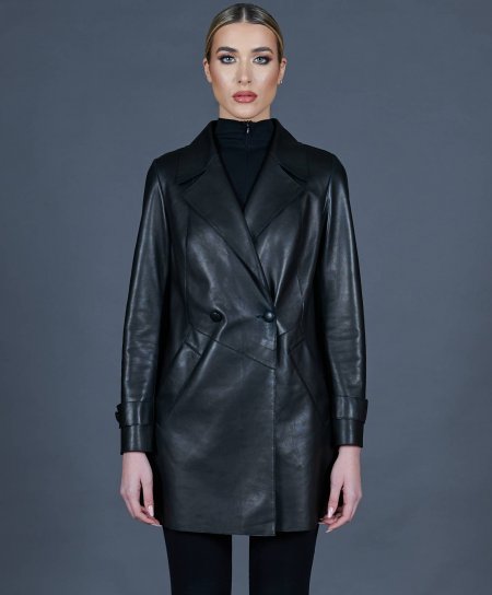 Manteay cuir noir et tissu veste à double boutonnage