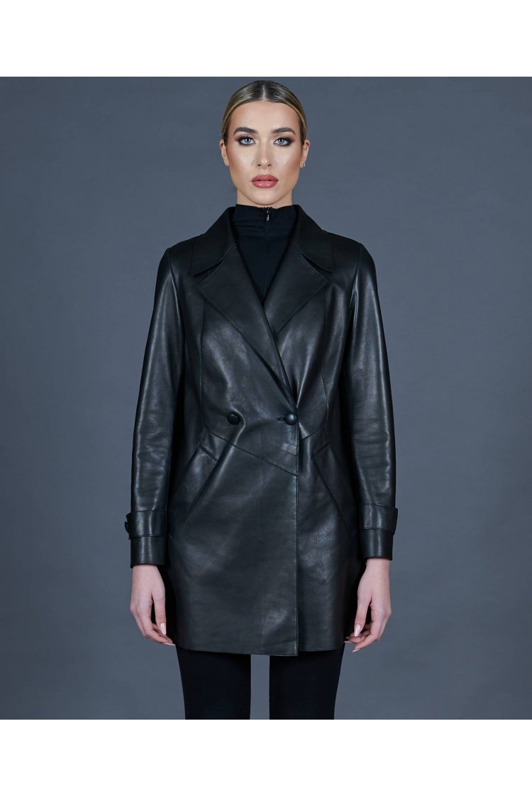 Manteau cuir noir et tissu veste à double boutonnage