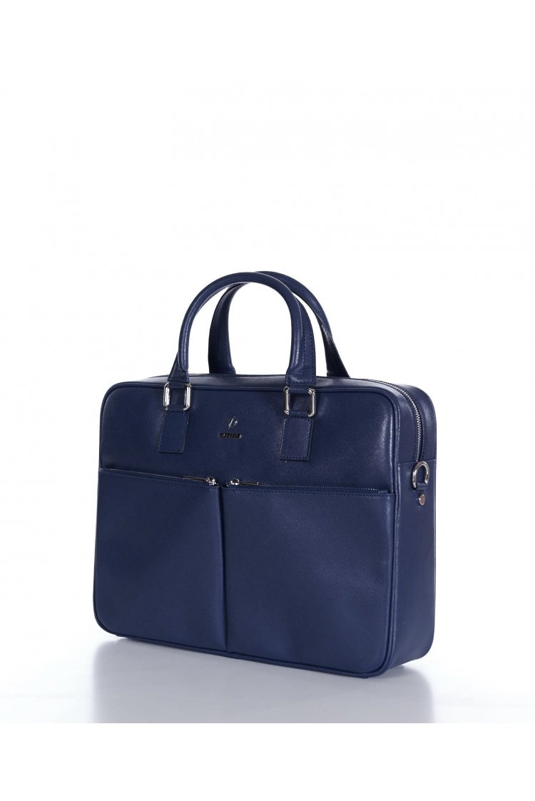 Cartable 24 heures en Cuir Bleu foncé serviette ordinateur double poche