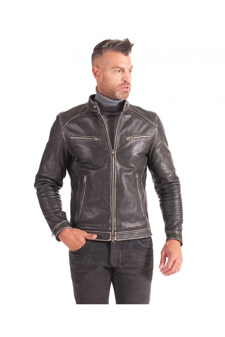 Hamilton - Blouson cuir noir quatre poches veste moto cuir plongé