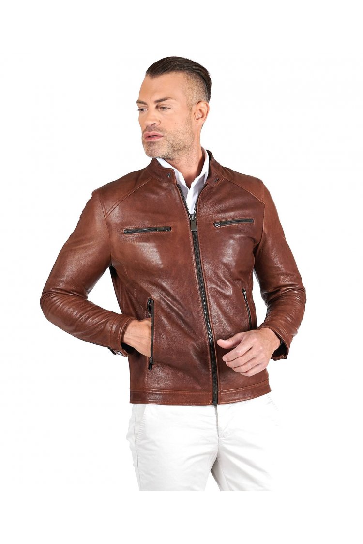 Blouson cuir cognac quatre...