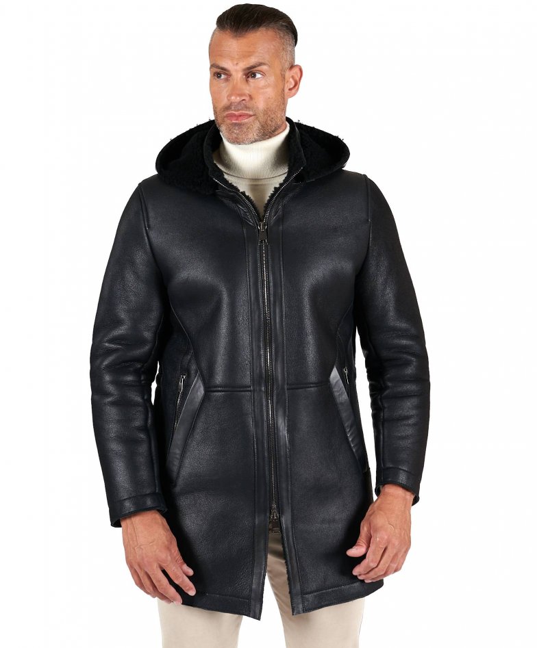 Liam - Manteau mouton noir veste avec capuche detachable